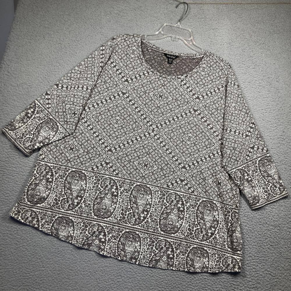 Lucky Brand Top Womens 3X Brown Paisley Geometric 3/4 Sleeve Cotton Modal Boho